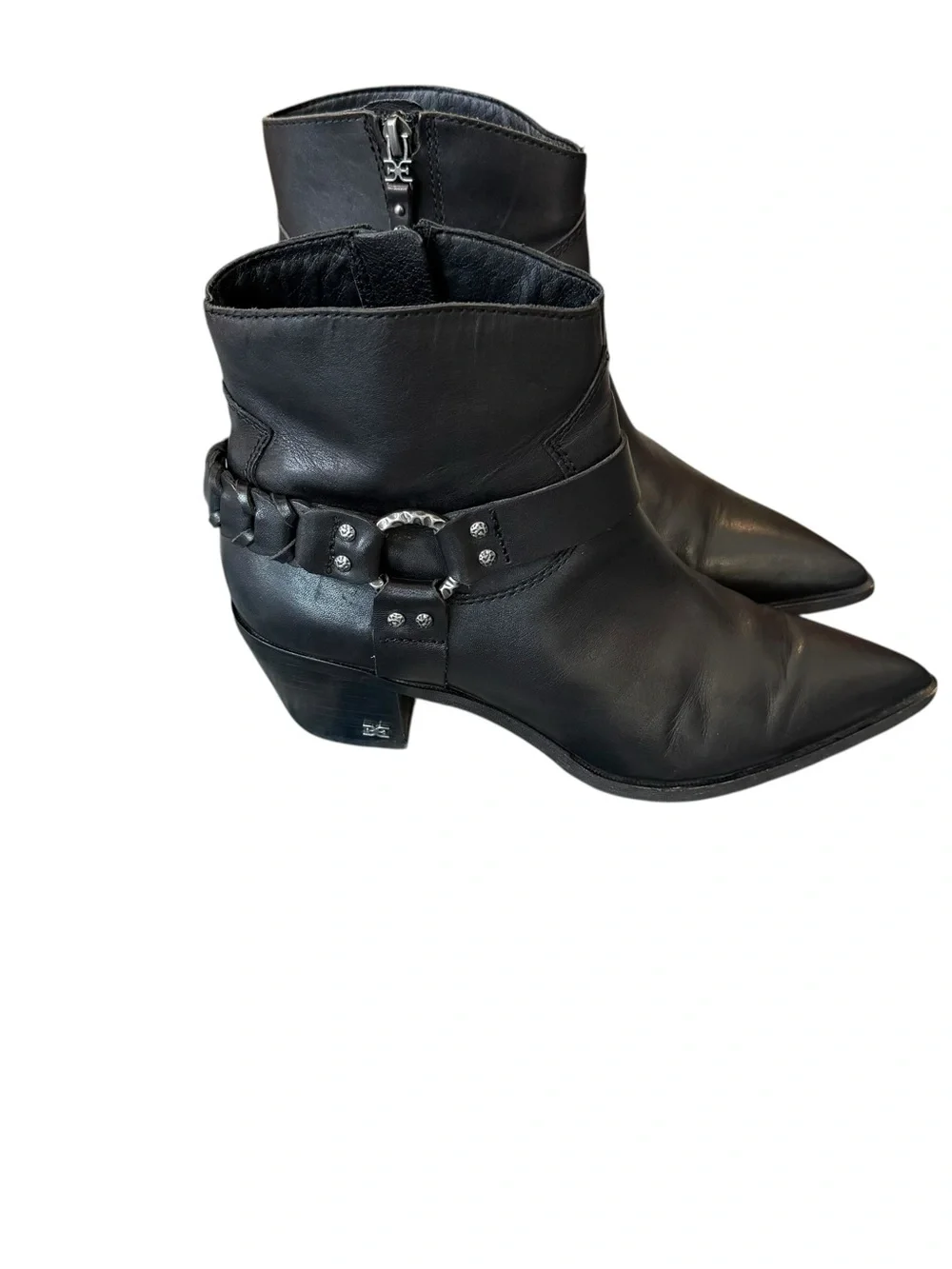 Sam Edelman Riker Vaquero Saddle Black Leather Pointed Toe Harness Ankle Boots